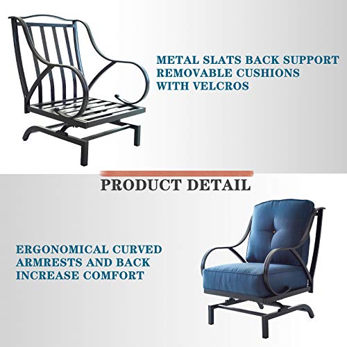 Festival Depot 2 of Outdoor Patio Dining Chairs with Blue Cushions Set Premium Fabric Metal Frame Furniture Set Garden Bistro Seating Chair Thick&Soft Cushions (2pc Dining Chairs) 