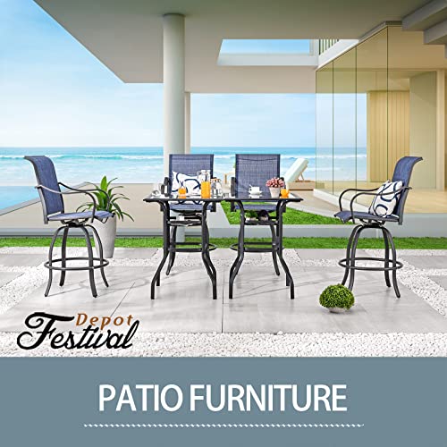 Festival Depot 3 Pcs Patio Bistro Bar Set High Stools Outdoor Furniture with 360° Swivel Armrest Chairs, Coffee Table with Tempered Glass Desktop, Metal Frame for Deck Poolside Garden Porch