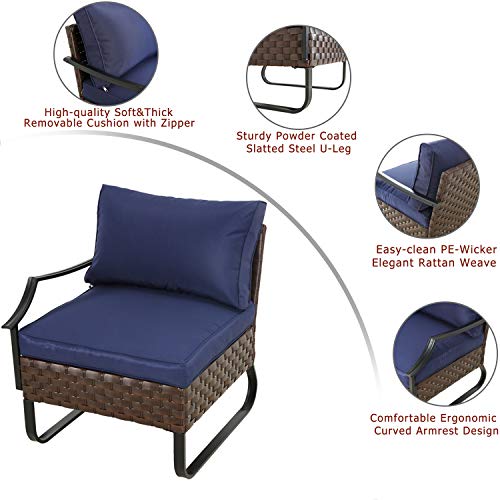 Festival Depot Dining Outdoor Patio Bistro Furniture Right Armrest Section Chair with Curved Armrest Wicker Rattan Cushion with Side U Shaped Slatted Steel Leg for Garden Yard Poolside All-Weather