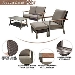 Festival Depot 4pcs Patio Conversation Set All Weather Wicker Chair Rattan Ottoman Loveseat with Grey Thick Cushions and Coffee Table in Metal Frame Outdoor Furniture for Deck Poolside
