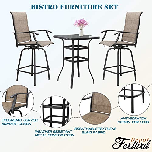 Festival Depot 40" Bar Height Outdoor Patio Bistro Table Metal Square Side Table Tempered Glass Top All Weather (31.5"x 31.5"x 41.2"H)