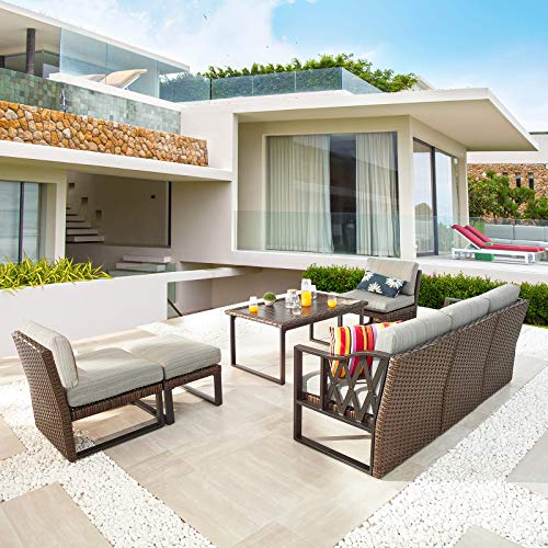 Festival Depot 7pcs Outdoor Furniture Patio Conversation Set Sectional Sofa Chairs All Weather Brown Rattan Wicker Ottoman Slatted Coffee Table with Thick Seat Back Cushions (Grey)