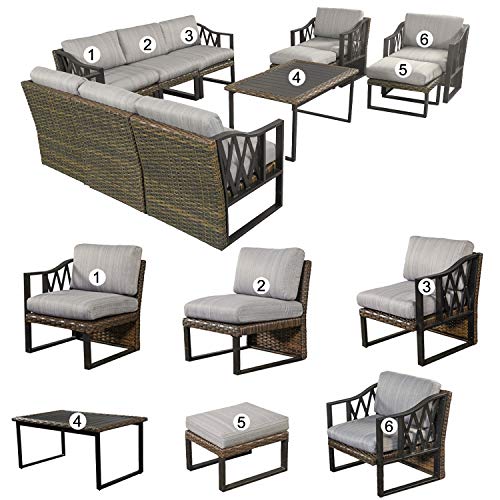 Festival Depot 11Pc Outdoor Furniture Patio Conversation Set Sectional Sofa Chairs All Weather Wicker Ottoman Metal Frame Rectangle Slatted Coffee Table with Thick Grey Seat Back Cushions No Pillows 