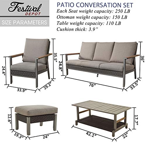 Festival Depot 6pcs Patio Conversation Set All Weather Metal Armchair Rattan Wicker Ottoman 3-Seater Sofa with Grey Thick Seat Back Cushions and Coffee Table Outdoor Furniture for Garden Deck 