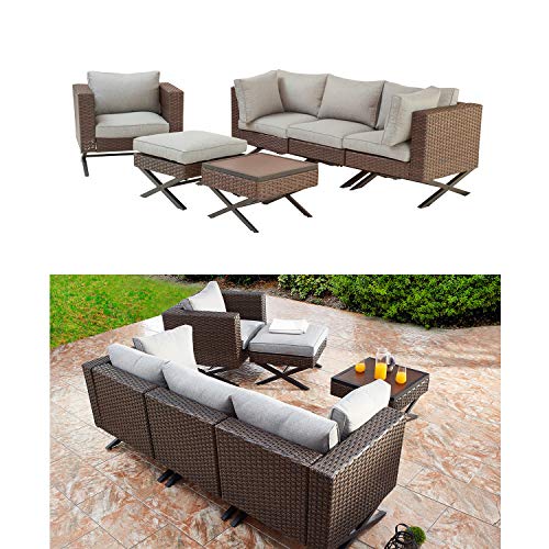 Festival Depot 6pc Patio Conversation Set Sectional Corner Sofa Arm Chairs Set Outdoor All-Weather Wicker Metal Chairs with Thick Soft Seating Back Cushions Square Coffee Table Ottoman Garden Poolside