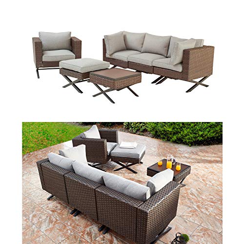 Festival Depot 6pc Patio Conversation Set Sectional Corner Sofa Arm Chairs Set Outdoor All-Weather Wicker Metal Chairs with Thick Soft Seating Back Cushions Square Coffee Table Ottoman Garden Poolside 