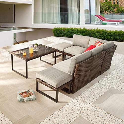 Festival Depot 7pcs Outdoor Furniture Patio Conversation Set Sectional Sofa Corner Chairs All Weather Brown Rattan Wicker Ottoman Slatted Coffee Table with Thick Seat Back Cushions (Grey)