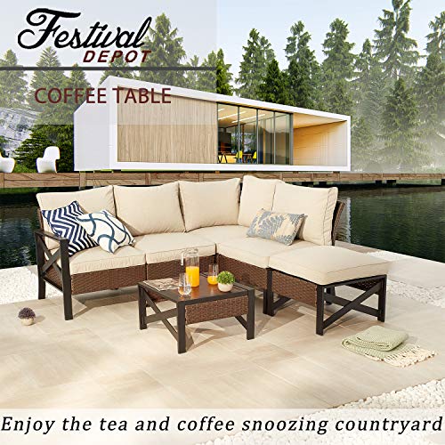 Festival Depot Metal Outdoor Side Coffee End Table Patio Bistro Living Room Dining Table Wood Grain Top Wicker Rattan Furniture with Side X Shaped Slatted Steel Legs Brown Black