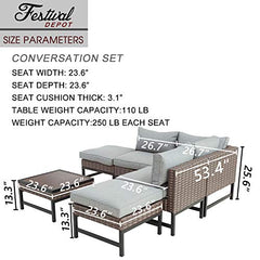 Festival Depot 6 Pieces Patio Outdoor Furniture Conversation Set Sectional Corner Sofa with Wicker Chairs, Ottomans,Coffee Side Table and Seating Thick Soft Cushion (Gray)