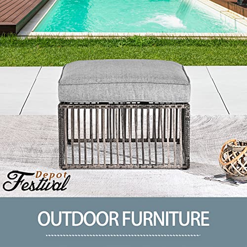 Festival Depot Wicker Patio Ottoman with Metal Footstool Thick Cushion, All-Weather Brown Rattan Waterproof Sectional Furniture for Balcony Garden Pool Lawn Backyard (Grey) 