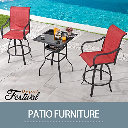 Festival Depot 3 Pcs Patio Bistro Bar Set High Stools Outdoor Furniture with 360° Swivel Armrest Chairs, Coffee Table with Tempered Glass Desktop, Metal Frame for Deck Poolside Garden Porch