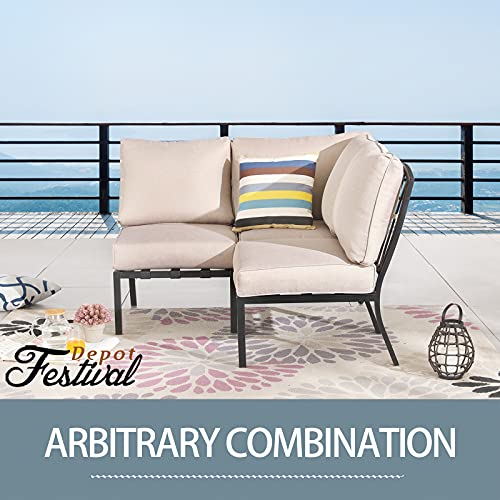 Festival Depot 1 Piece Patio Sofa Chair Outdoor Furniture Metal Armchair with Thick Seat and Back Cushions for Bistro Porch Balcony, Beige 