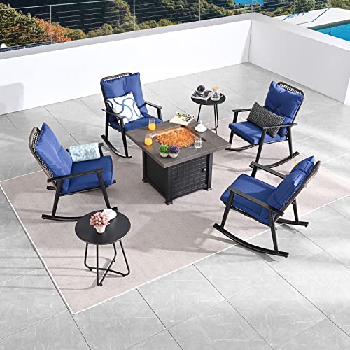 Elegant 7 Piece Outdoor Fire Pit Conversation Set with PE Wicker Rocking Chairs, Blue Cushions, and Side Tables