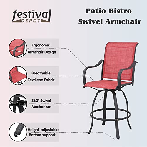 4-Piece Red 27.6" Bar Height Textilene Swivel Stool Armrests Dining Chairs for Outdoor Bistro Elegance 