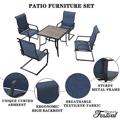 Festival Depot 5Pcs Patio Dining Set of 4 High Back Chairs with Textilene Fabric and 1 Square Metal Table with Wood-Like DPC Tabletop and Curved Steel Legs for Backyard Deck Garden
