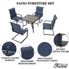 Festival Depot 5Pcs Patio Dining Set of 4 High Back Chairs with Textilene Fabric and 1 Square Metal Table with Wood-Like DPC Tabletop and Curved Steel Legs for Backyard Deck Garden