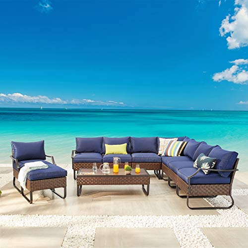 Festival Depot 10 Pcs Patio Conversation Sets Outdoor Furniture Sectional Corner Sofa with All-Weather PE Rattan Wicker Chair Coffee Table and Thick Soft Removable Couch Cushions (Blue)