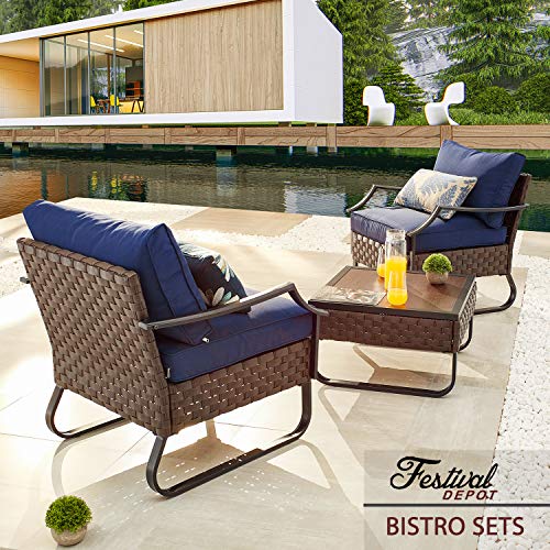 3-Piece Bistro Patio Set Soft&Deep Cushion Wicker Rattan Chair with Curved Armrest Square Wood Grain Desktop Table 