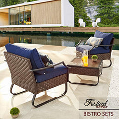 Festival Depot 3pc Bistro Outdoor Dining Furniture Patio Set Soft&Deep Cushion Wicker Rattan Chair with Curved Armrest Square Wood Grain Desktop Table with Side U Shaped Slatted Steel Leg All Weather