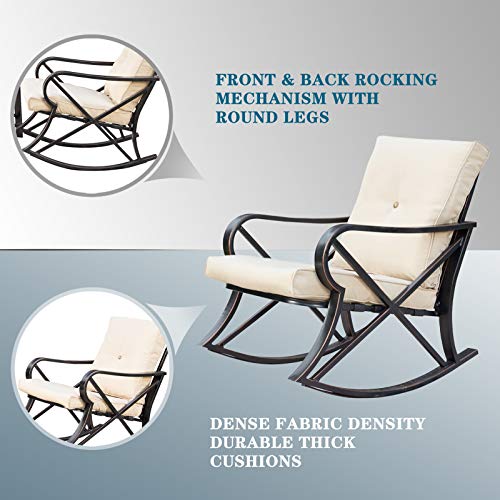 Luxury 3 Piece Outdoor Steel Rocking Chair Set Bistro Set with Coffee Table and Cushions 