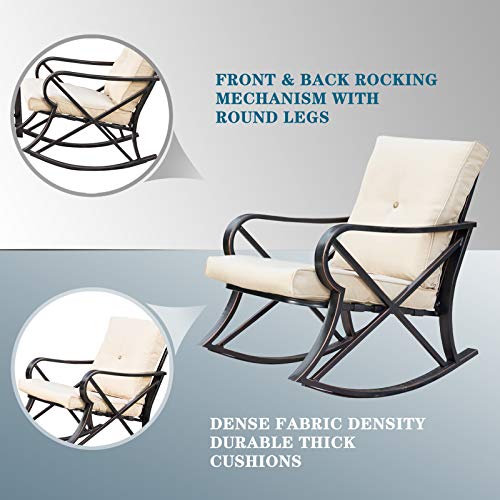 Luxury 3 Piece Outdoor Steel Rocking Chair Set Bistro Set with Coffee Table and Cushions