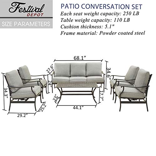 Festival Depot 6Pcs Outdoor Furniture Patio Conversation Set All Weather Black Metal Armchairs with Seat and Back Cushions, Rectangle Coffee Table for Deck Lawn Garden, Beige