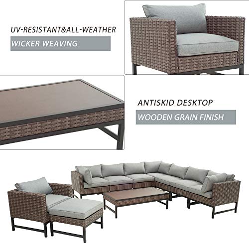 Festival Depot 10 Pieces Patio Conversation Set Outdoor Furniture Combination Sectional Corner Sofa Set All-Weather Woven Wicker Metal Chair with Cushions Side Coffee Table Ottoman, Gray 