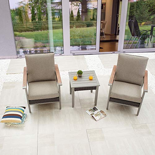 3-Pieces Patio Bistro Set Lounge Armchairs with Thick Cushions and Side Table in Metal Frame Outdoor Furniture for Deck