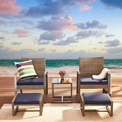 Festival Depot 5 Pieces Outdoor Furniture Patio All-Weather Rattan Conversation Set Armchair, Ottoman with Cushions and Coffee Table with Glass and Metal Frame for Garden Deck Poolside Balcony