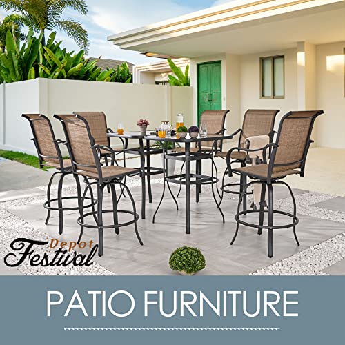 Festival Depot 8pcs Patio Dining Set Bar Height Stools Swivel Bistro Chairs with Armrest and Tempered Glass Top Table Metal Outdoor Furniture for Yard (6 Chairs,2 Table) (Brown) 