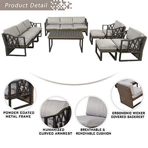 Festival Depot 11Pc Outdoor Furniture Patio Conversation Set Sectional Sofa Chairs All Weather Wicker Ottoman Metal Frame Rectangle Slatted Coffee Table with Thick Grey Seat Back Cushions No Pillows
