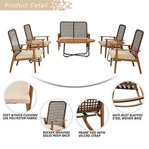 Festival Depot 8 Pieces Patio Outdoor Furniture Conversation Set with Metal Side Coffee Side Table Wooden-Color Steel Wicker Weaving Mesh Back Armchair with Cushions (Khaki) 