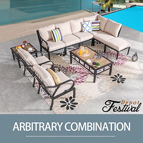 Festival Depot 10 Pieces Patio Conversation Set Sectional Sofa Corner Armchair Ottoman with Thick Cushions and Side Coffee Table All Weather Metal Outdoor Furniture for Deck Garden, Beige 