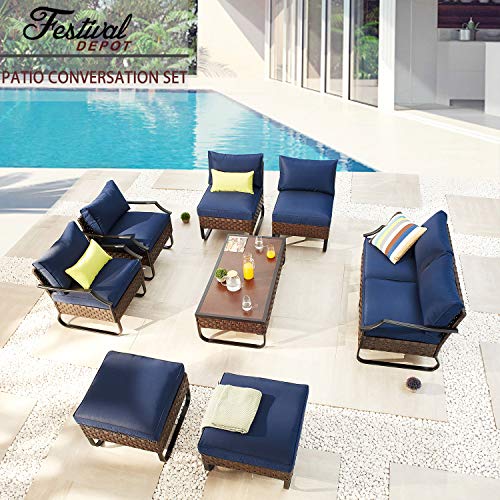 Festival Depot 9 Pcs Patio Outdoor Furniture Conversation Sets Sectional Sofa with All-Weather PE Rattan Wicker Chair,Loveseat Coffee Table and Soft Removable Couch Cushions(Blue) 