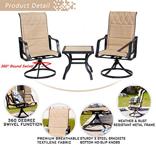 Festival Depot 3 PC Bistro Outdoor Patio Dining 360¡Swivel Chairs Set Furniture Rockers Armrest Chair Square Metal Steel Frame Coffee Table for Deck Garden Pool