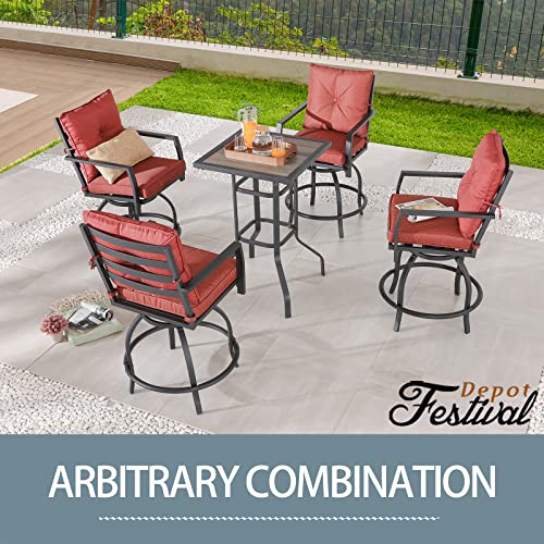 Festival Depot 5pcs Bar Bistro Outdoor Patio Furniture Set High Stool 360° Swivel Armrest Chairs with Comfort Cushion Square DPC Desktop Wood Grain Table Top Metal Steel Frame Leg All-Weather (Red) 