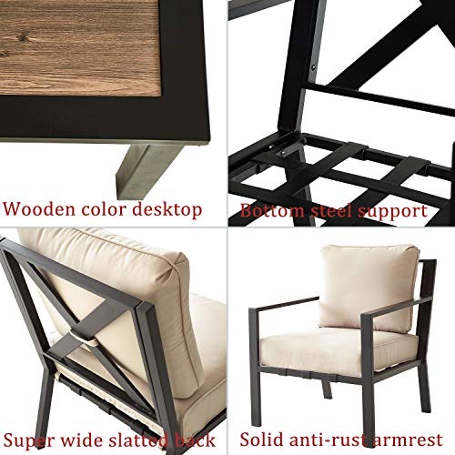 Festival Depot 5 Pieces Patio Outdoor Conversation Set Armrest Sofa Chairs with Seating Back Cushions Metal Side Coffee Table Garden (Beige) 