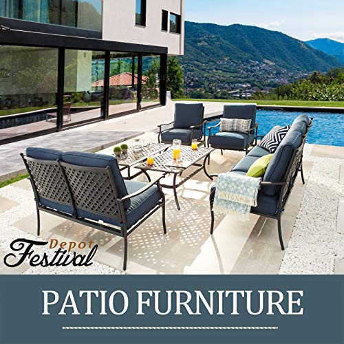 Festival Depot 4Pcs Outdoor Furniture Patio Conversation Set All Weather Black Metal Armchair Loveseat with Seat and Back Cushions, 3-Seating Chair, Rectangle Coffee Tables for Deck Lawn Garden