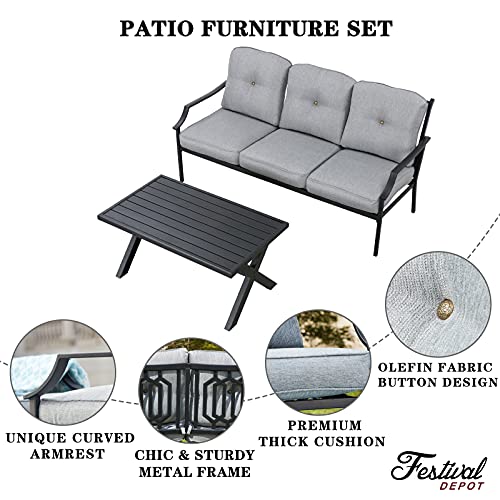 Festival Depot 2 Pcs Metal Furniture Outdoor Loveseat Patio Sofa with Coffee Table 3-Seating Outside Couch with Cushions for Deck Porch Backyard