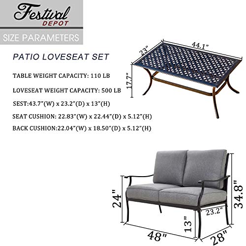 Festival Depot 2Pcs Patio Loveseat Set with Thick Cushions and Coffee Table Outdoor Metal Frame Seating Bench for Garden Bistro, Beige 