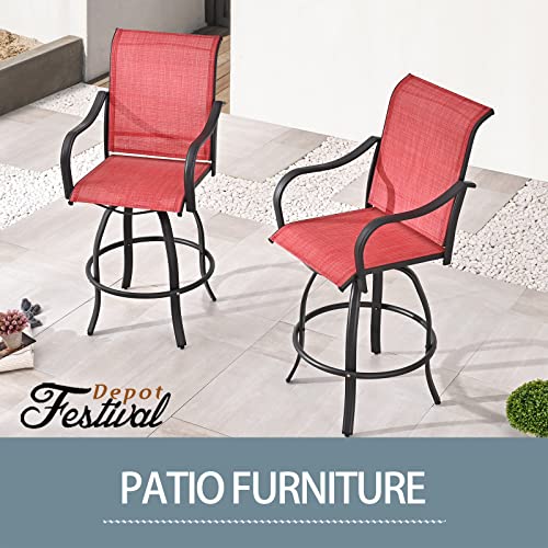 2-Pack Red Counter Bar Height Textilene Swivel Stool Armrests Dining Chairs for Outdoor Bistro Elegance 