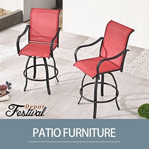 2-Piece Red 29.5" Bar Height Textilene Swivel Stool Armrests Dining Chairs for Outdoor Bistro Elegance