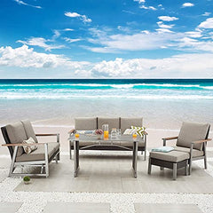 Festival Depot 5pcs Patio Conversation Set Metal Armchair Wicker Glider Loveseat All Weather Rattan 3-Seater Sofa with Grey Thick Cushions and Dining Table Outdoor Furniture for Deck Garden