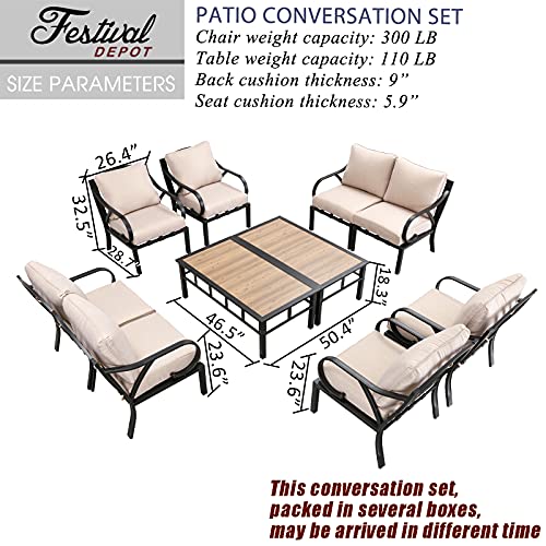 Festival Depot 10pcs Patio Conversation Set Sectional Metal Chairs with Cushions and Coffee Tables All Weather Outdoor Furniture for Garden Backyard, Beige 