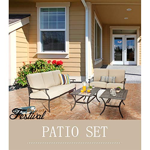 Festival Depot 4Pcs Outdoor Furniture Patio Conversation Set All Weather Black Metal Armchair Loveseat with Seat and Back Cushions, 3-Seating Chair, Rectangle Coffee Tables for Deck Lawn Garden