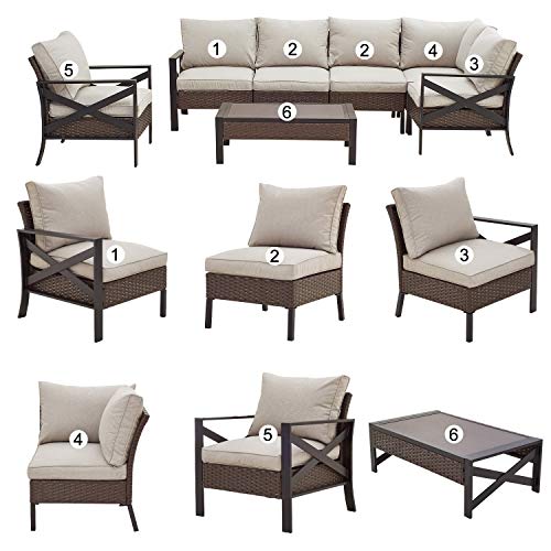 Festival Depot 7 Pcs Patio Outdoor Furniture Conversation Set Sectional Corner Sofa with All-Weather Brown Wicker Back Chair, Coffee Side Table, Ottoman and Soft Thick Removable Couch Cushions 