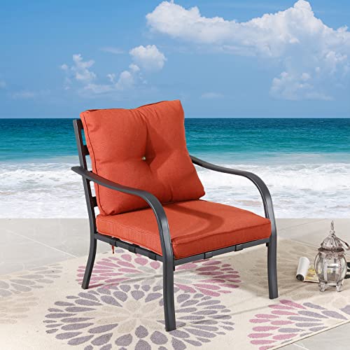 Festival Depot Patio Dining Armchair Outdoor Bistro Single Sofa with Removable Thick Cushion Metal Frame All Weather Sectional Conversation Furniture for Backyard Pool Deck Garden (Red)