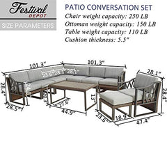 Festival Depot 10Pc Outdoor Furniture Patio Conversation Set Sectional Corner Sofa Chairs All Weather Wicker Ottoman Metal Frame Slatted Coffee Table with Thick Grey Seat Back Cushions Without Pillows