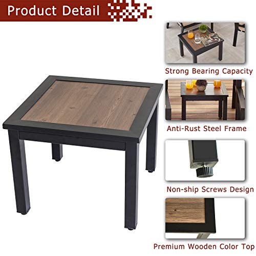 Festival Depot Outdoor Patio Side/End Table Metal Square with Wooden Finish Table Top and Steel Legs for Poolside Deck Garden (Brown)