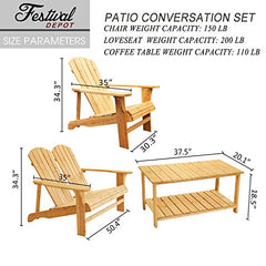 Festival Depot 4 Pieces Patio Conversation Set Outdoor Wood Adirondack Chairs, Loveseat and Coffee Table for Lawn, Deck, Beach, Backyard, Porch, Balcony, Wooden